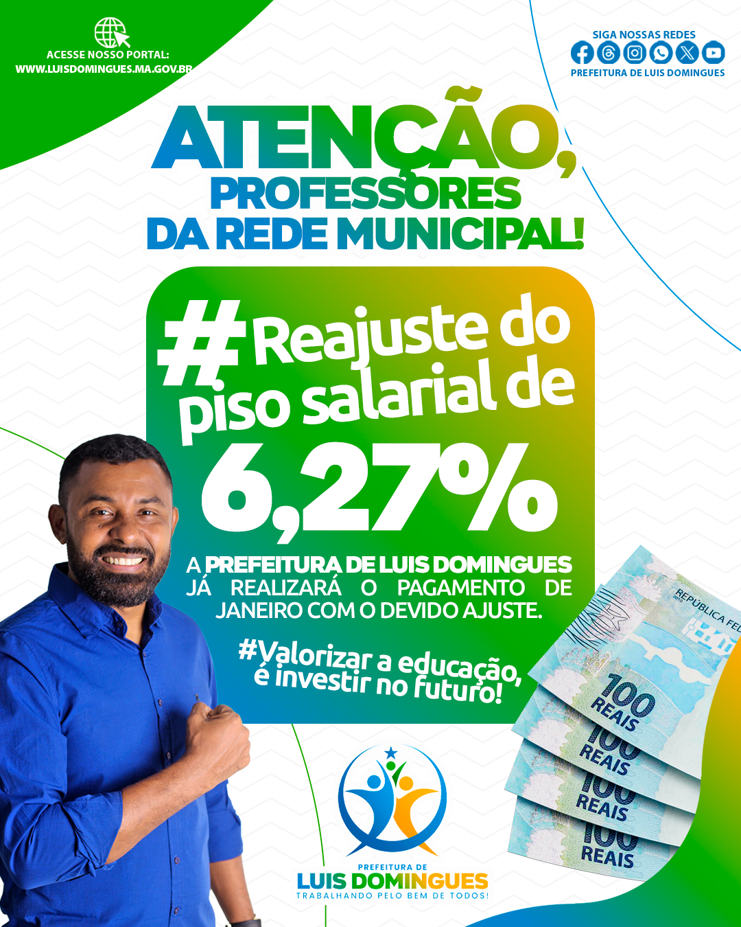 Prefeito Izaque Cirino concede reajuste de 6,27% aos professores da rede municipal